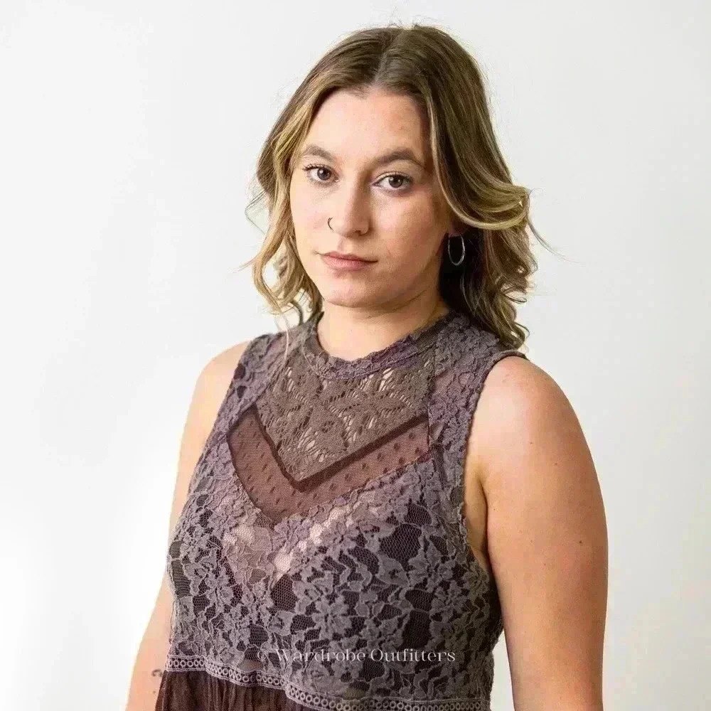 Free People Plum Sheer Needle Lace Sleeveless Tank Blouse - Picture 4 of 6